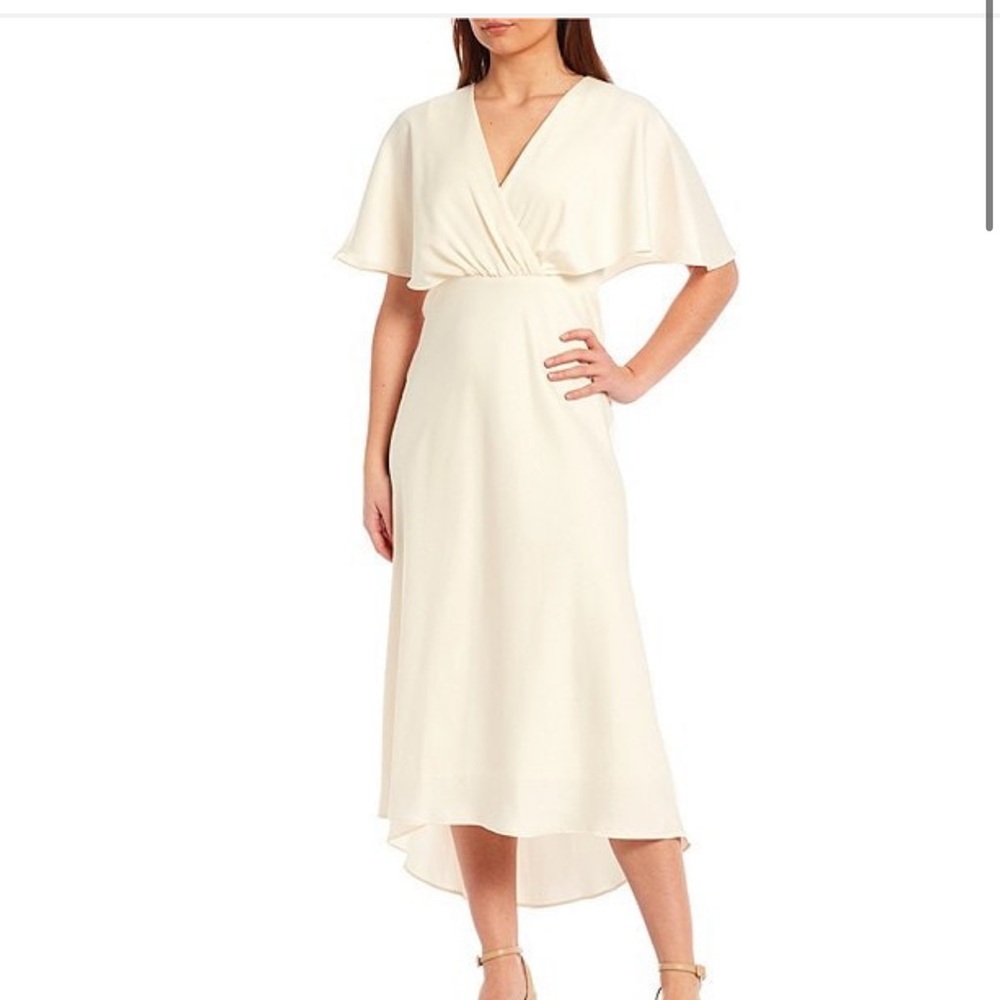 Taylor Satin Surplice V-Neck Short Sleeve High-Low Faux Wrap Midi Dress